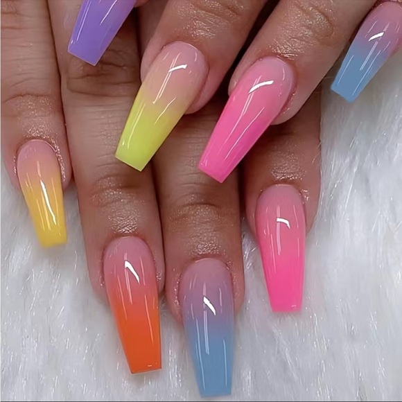 Acrylic Long Ballerina Tip Glossy Neon Rainbow Gradient Manicure Professional - Picture 1 of 6